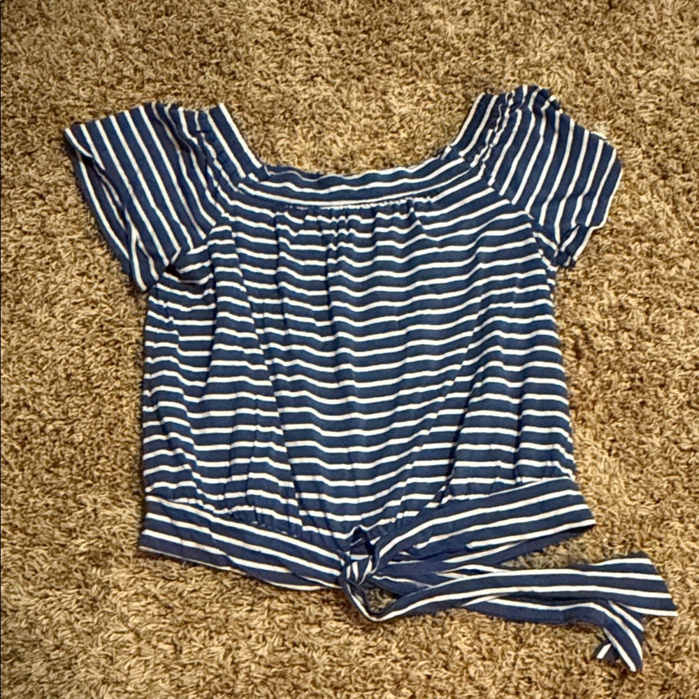 Striped Tie-Hem Off-Shoulder Top in Navy and White Size L